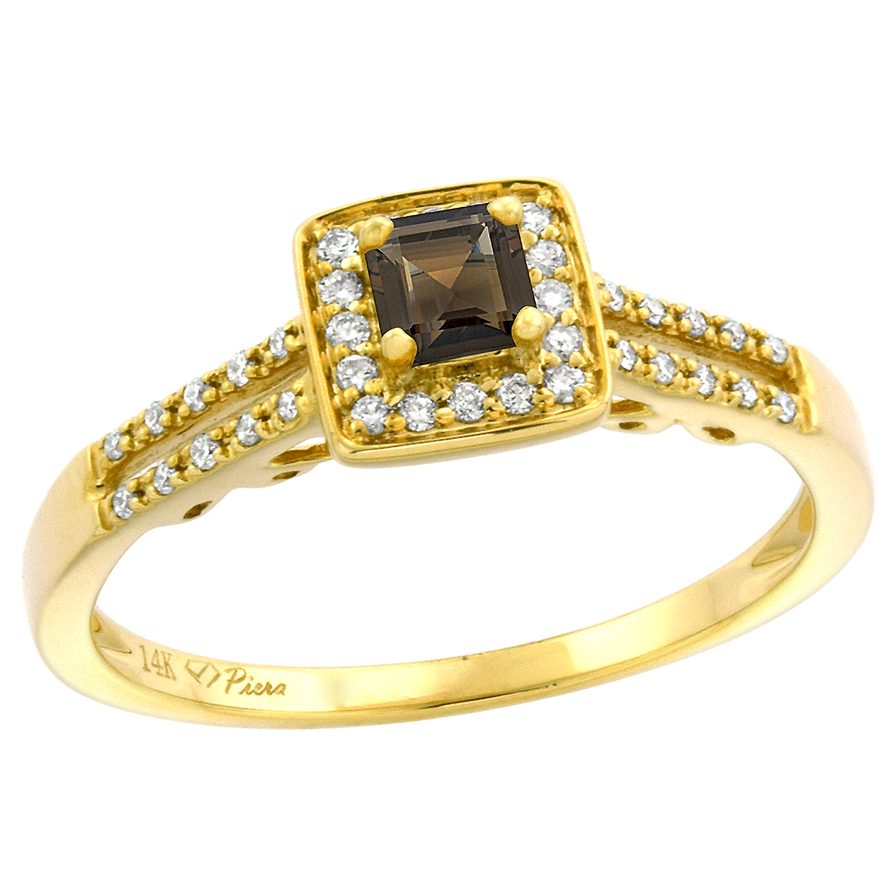 14k Yellow Gold Diamond Halo Genuine Smoky Topaz Engagement Ring Split Shank Princess cut 4x4mm, size 5-10