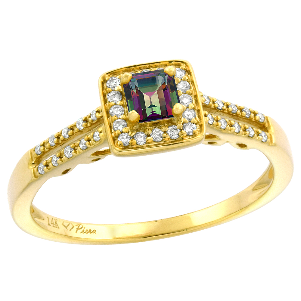 14k Yellow Gold Diamond Halo Mystic Topaz Engagement Ring Split Shank Princess cut 4x4mm, size 5-10