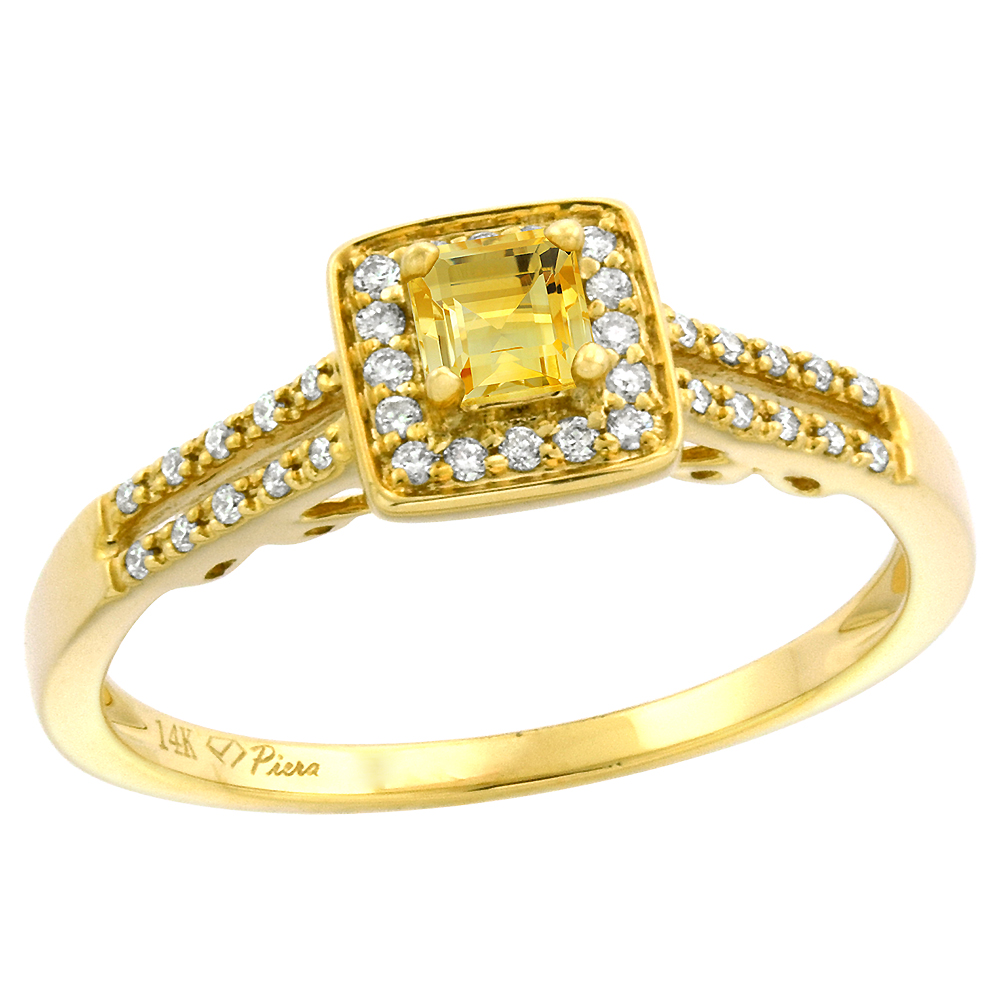 14k Yellow Gold Diamond Halo Genuine Citrine Engagement Ring Split Shank Princess cut 4x4mm, size 5-10