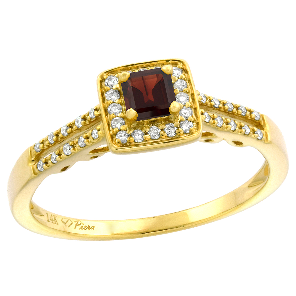 14k Yellow Gold Diamond Halo Genuine Garnet Engagement Ring Split Shank Princess cut 4x4mm, size 5-10