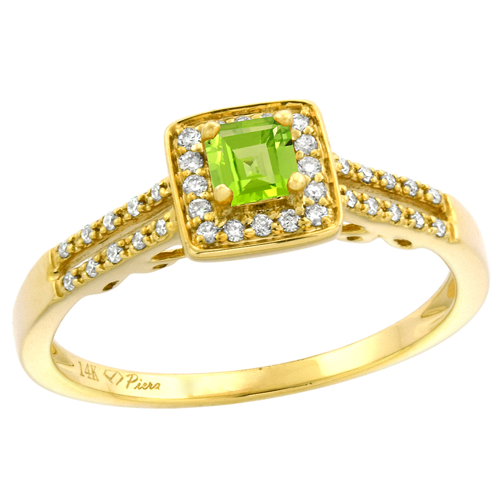 14k Yellow Gold Diamond Halo Genuine Peridot Engagement Ring Split Shank Princess cut 4x4mm, size 5-10