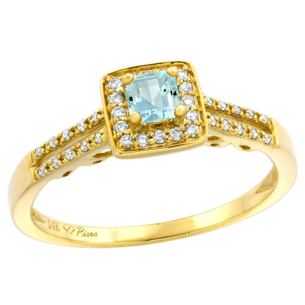14k Yellow Gold Diamond Halo Genuine Aquamarine Engagement Ring Split Shank Princess cut 4x4mm, size 5-10