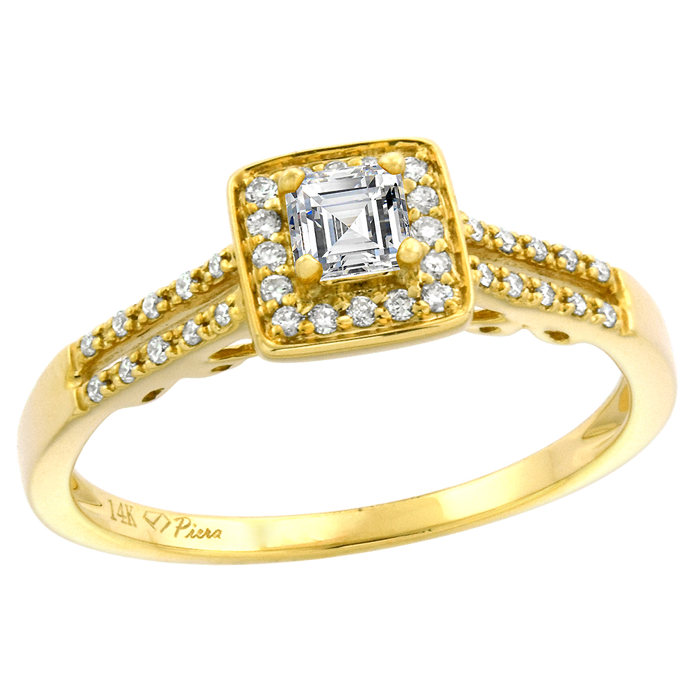 14k Yellow Gold 0.53 cttw Genuine Diamond Halo Engagement Ring Split Shank Princess cut 4x4mm, size 5-10