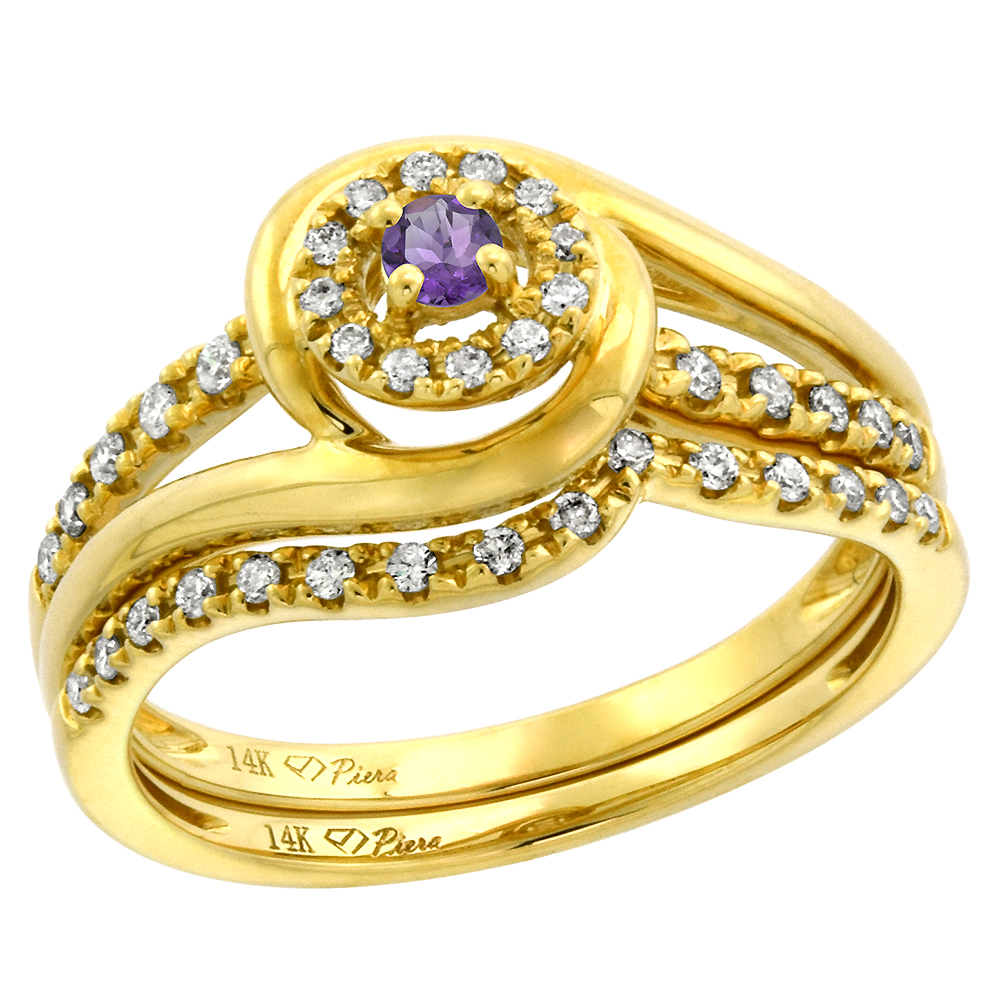 14k Yellow Gold Diamond & Amethyst Halo Engagement Ring Set 2 Piece Round Brilliant cut 3mm, size 5-10