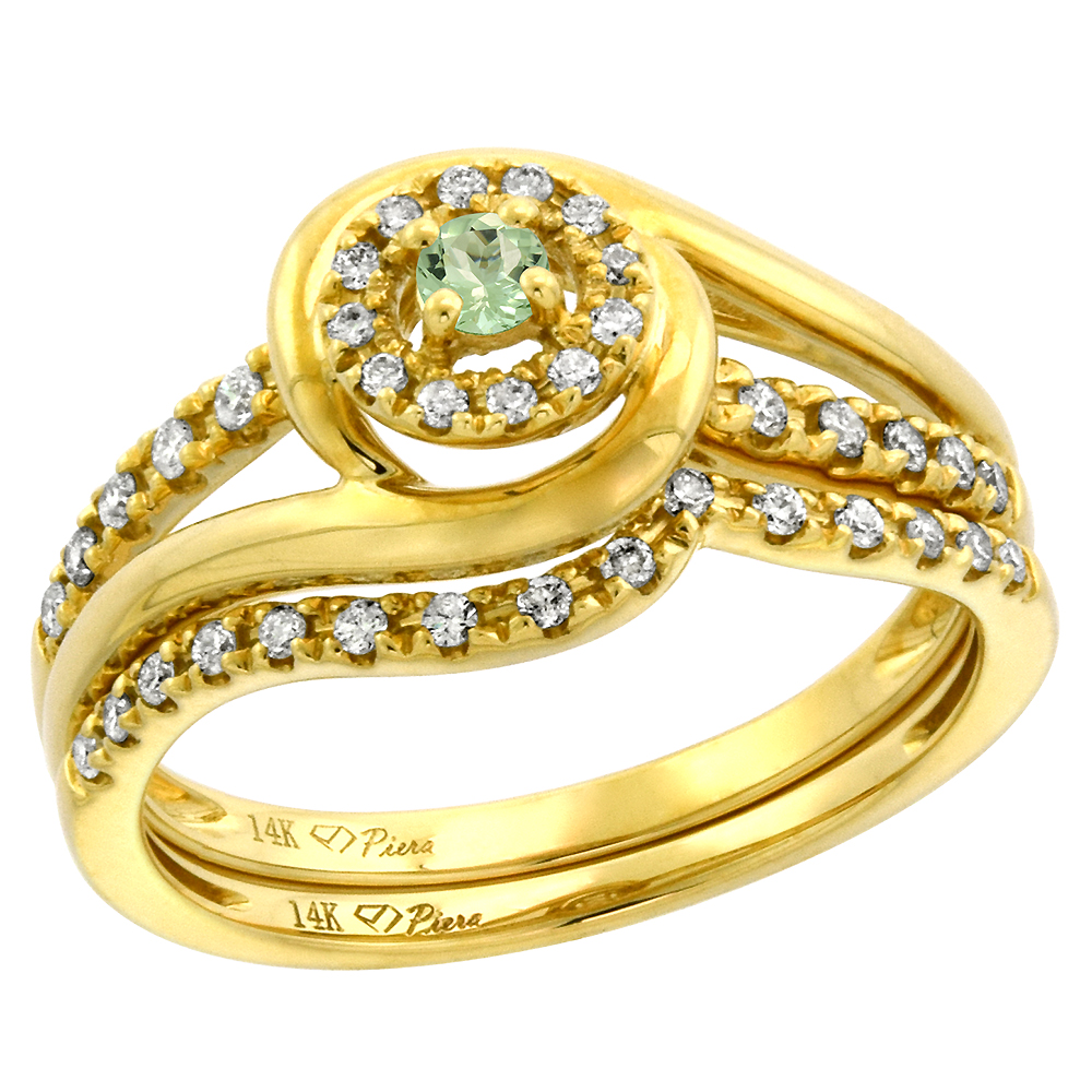 14k Yellow Gold Diamond & Green Amethyst Halo Engagement Ring Set 2 Piece Round Brilliant cut 3mm,size5-10