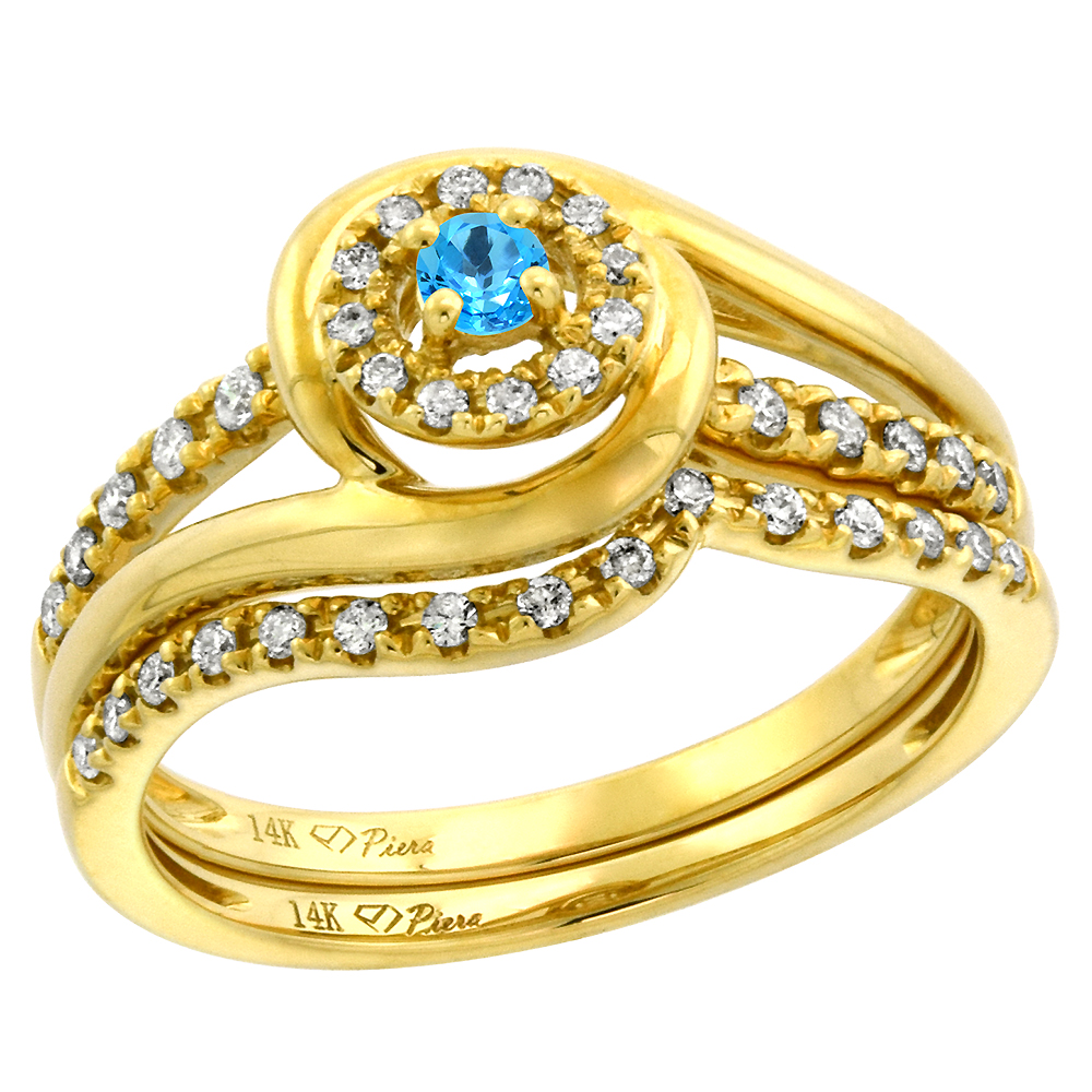 14k Yellow Gold Diamond & Swiss Blue Topaz Halo Engagement Ring Set 2 Pc Round Brilliant cut 3mm,size5-10
