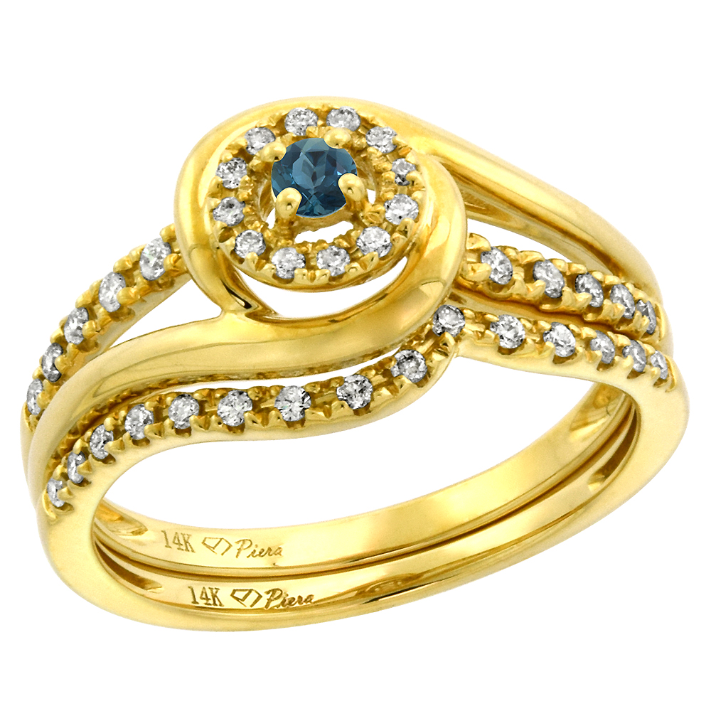 14k Yellow Gold Diamond & London Blue Topaz Halo Engagement Ring Set 2 Pc Round Brilliant cut 3mm,size5-10