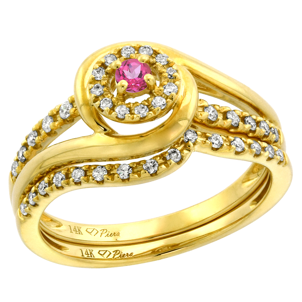 14k Yellow Gold Diamond & Pink Topaz Halo Engagement Ring Set 2 Piece Round Brilliant cut 3mm, size 5-10