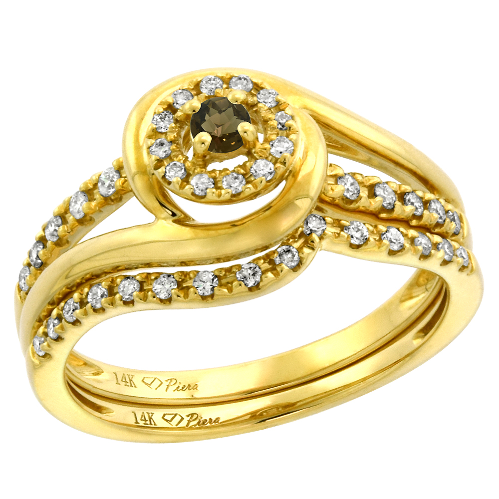 14k Yellow Gold Diamond & Smoky Topaz Halo Engagement Ring Set 2 Piece Round Brilliant cut 3mm, size 5-10