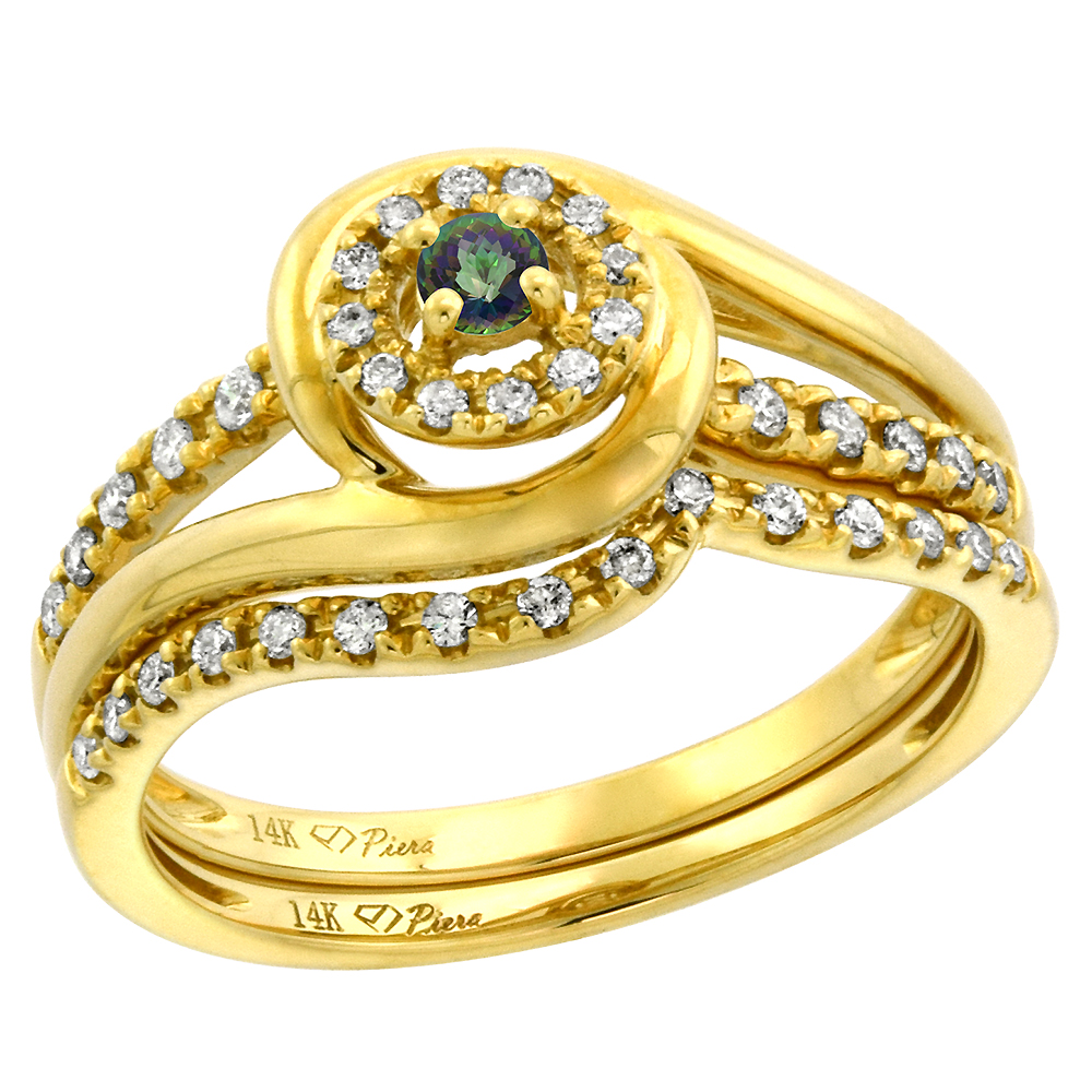 14k Yellow Gold Diamond & Mystic Topaz Halo Engagement Ring Set 2 Piece Round Brilliant cut 3mm, size 5-10