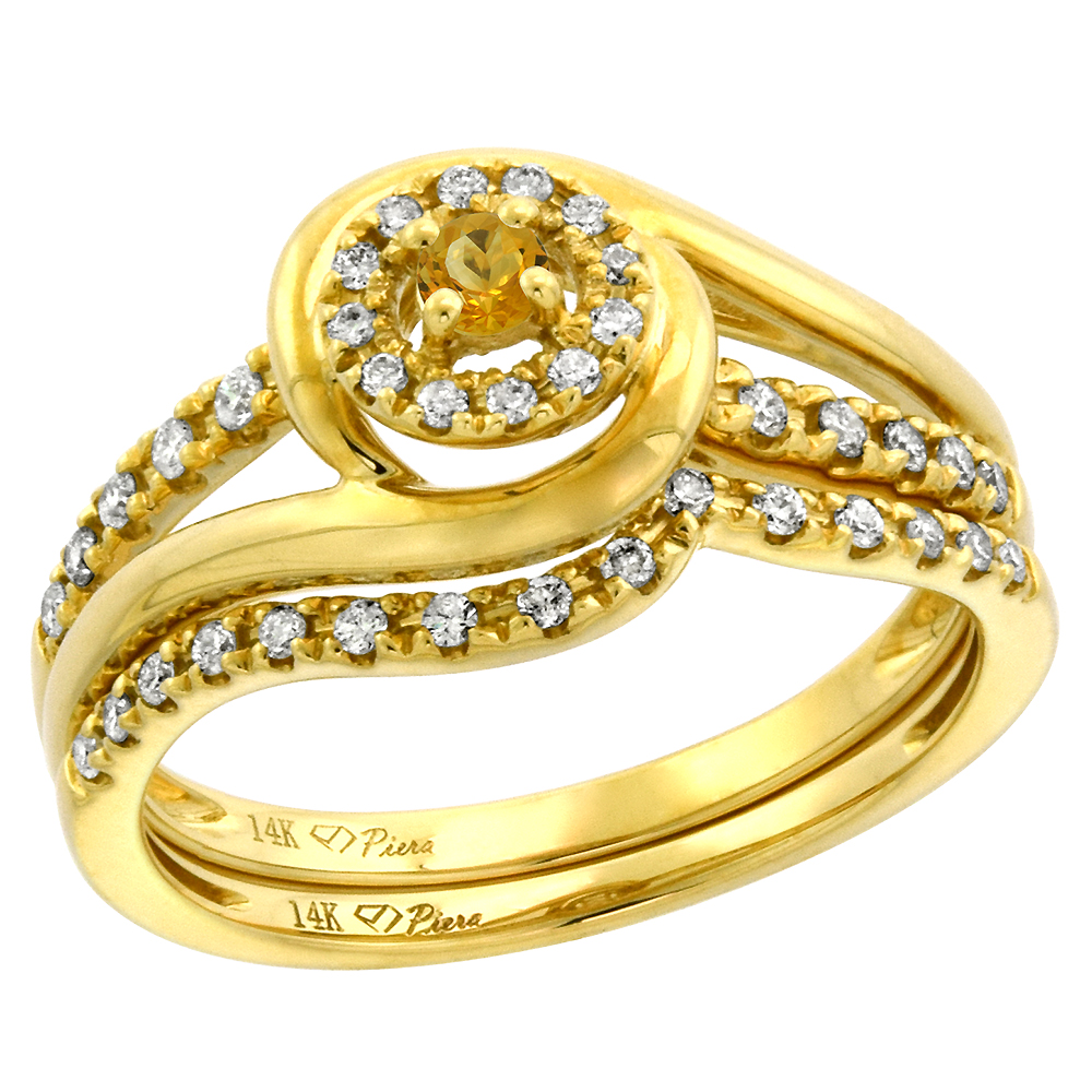 14k Yellow Gold Diamond & Genuine Citrine Halo Engagement Ring Set 2 Pc Round Brilliant cut 3mm,size5-10
