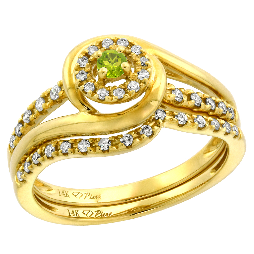14k Yellow Gold Diamond & Genuine Peridot Halo Engagement Ring Set 2 Pc Round Brilliant cut 3mm,size5-10