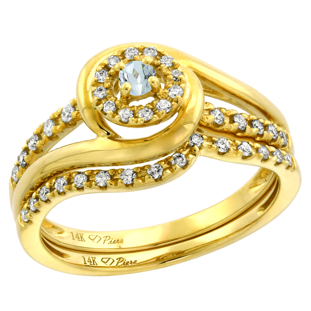 14k Yellow Gold Diamond & Aquamarine Halo Engagement Ring Set 2 Piece Round Brilliant cut 3mm, size 5-10