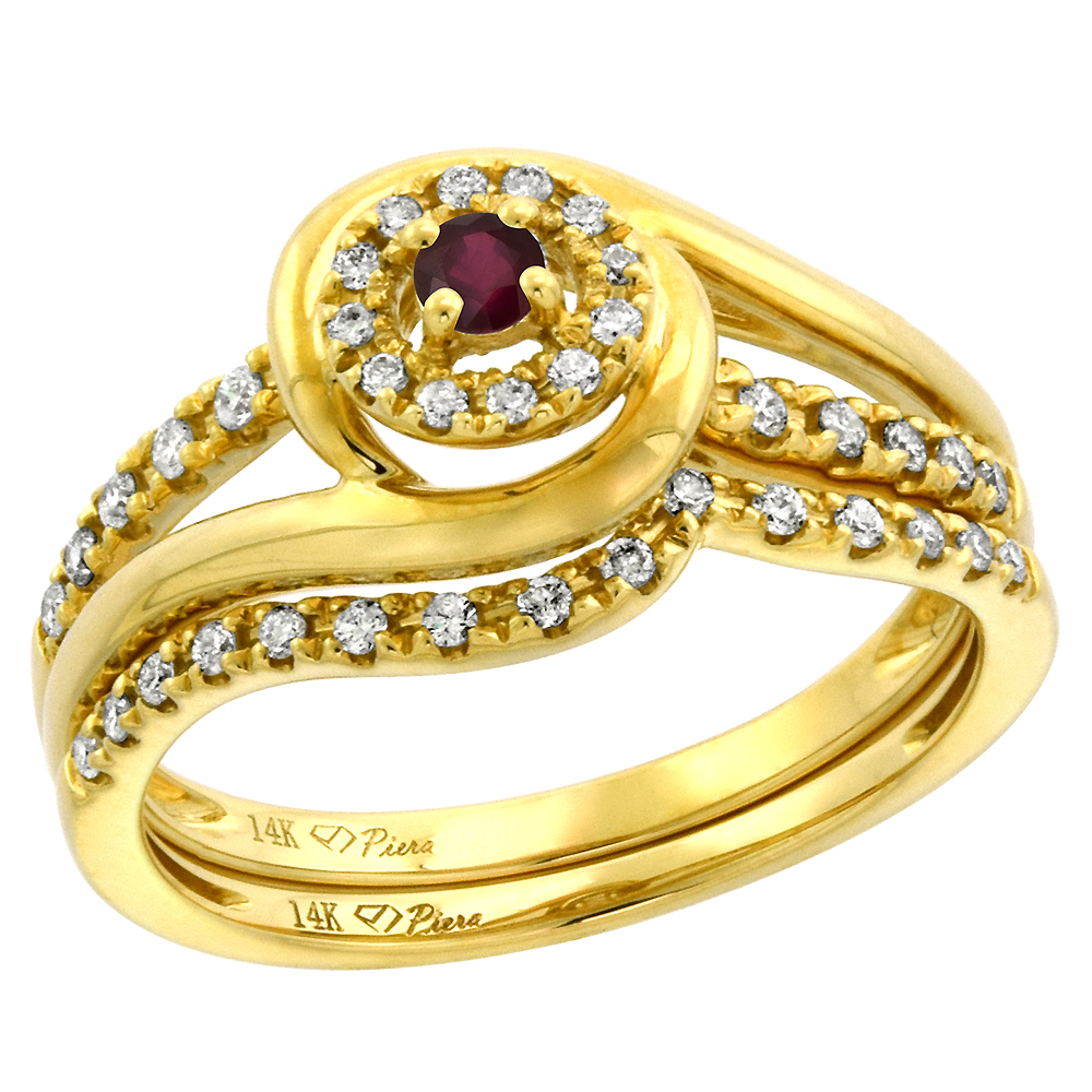 14k Yellow Gold Diamond & Enhanced Ruby Halo Engagement Ring Set 2 Piece Round Brilliant cut 3mm, size5-10