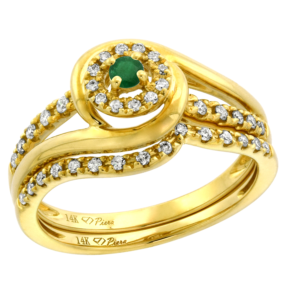 14k Yellow Gold Diamond & Genuine Emerald Halo Engagement Ring Set 2 Pc Round Brilliant cut 3mm,size5-10