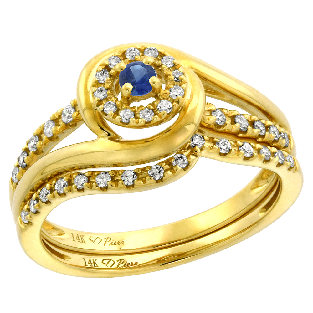 14k Yellow Gold Diamond & Blue Sapphire Halo Engagement Ring Set 2 Piece Round Brilliant cut 3mm, size5-10
