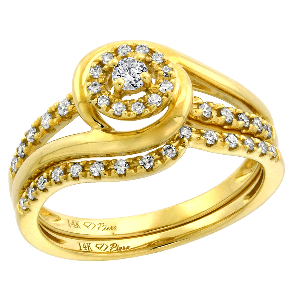 14k Yellow Gold Genuine Diamond Halo Engagement Ring Set 2 Pc 0.3 cttw Round Brilliant cut 2.5mm, size5-10