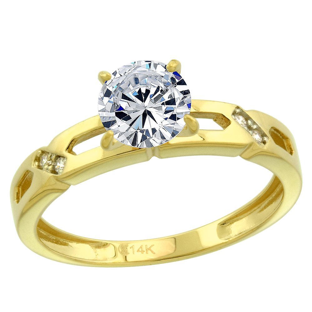 14k Yellow Gold CZ Ladies Solitaire Engagement Ring Criss Cross Round Brilliant cut 7mm, size 5-10