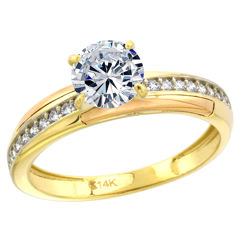 14k Tricolor Gold CZ Ladies Solitaire Engagement Ring Channel Set 7mm Round Brilliant cut, size 5-10
