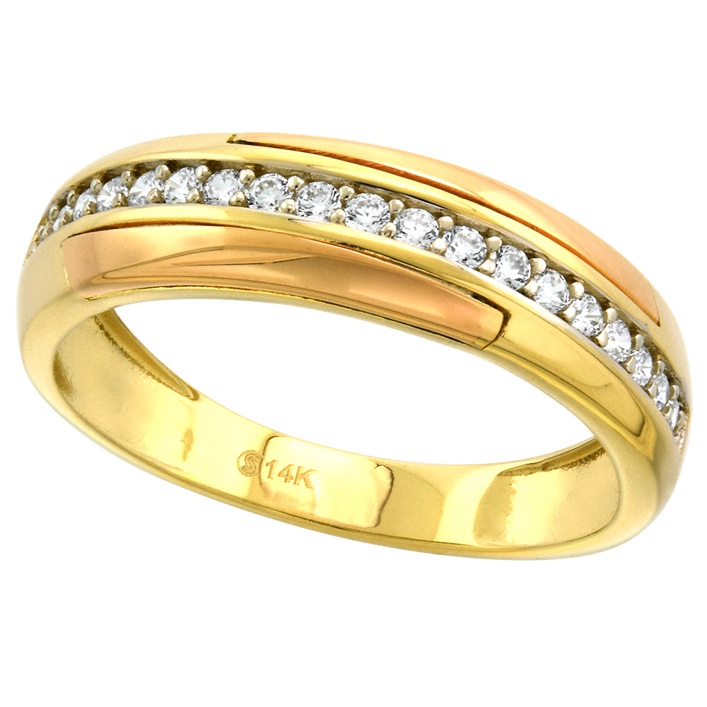 14k Tricolor Gold Cubic Zirconia Eternity Wedding Band for Men Channel Set 5mm wide, size 8-14