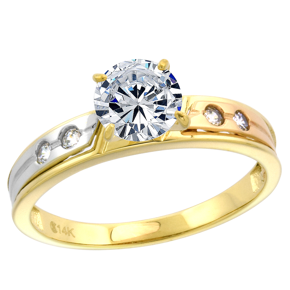 14k Tricolor Gold Cubic Zirconia Ladies Solitaire Engagement Ring Round Brilliant cut 7mm, size 5-10