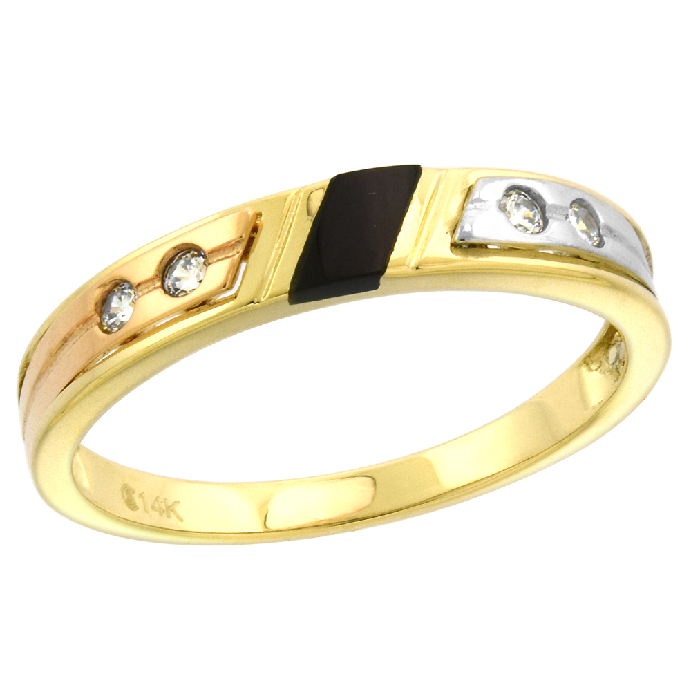 14k Tricolor Gold Cubic Zirconia Wedding Band for Women Black Stripe 3mm wide, size 5-10