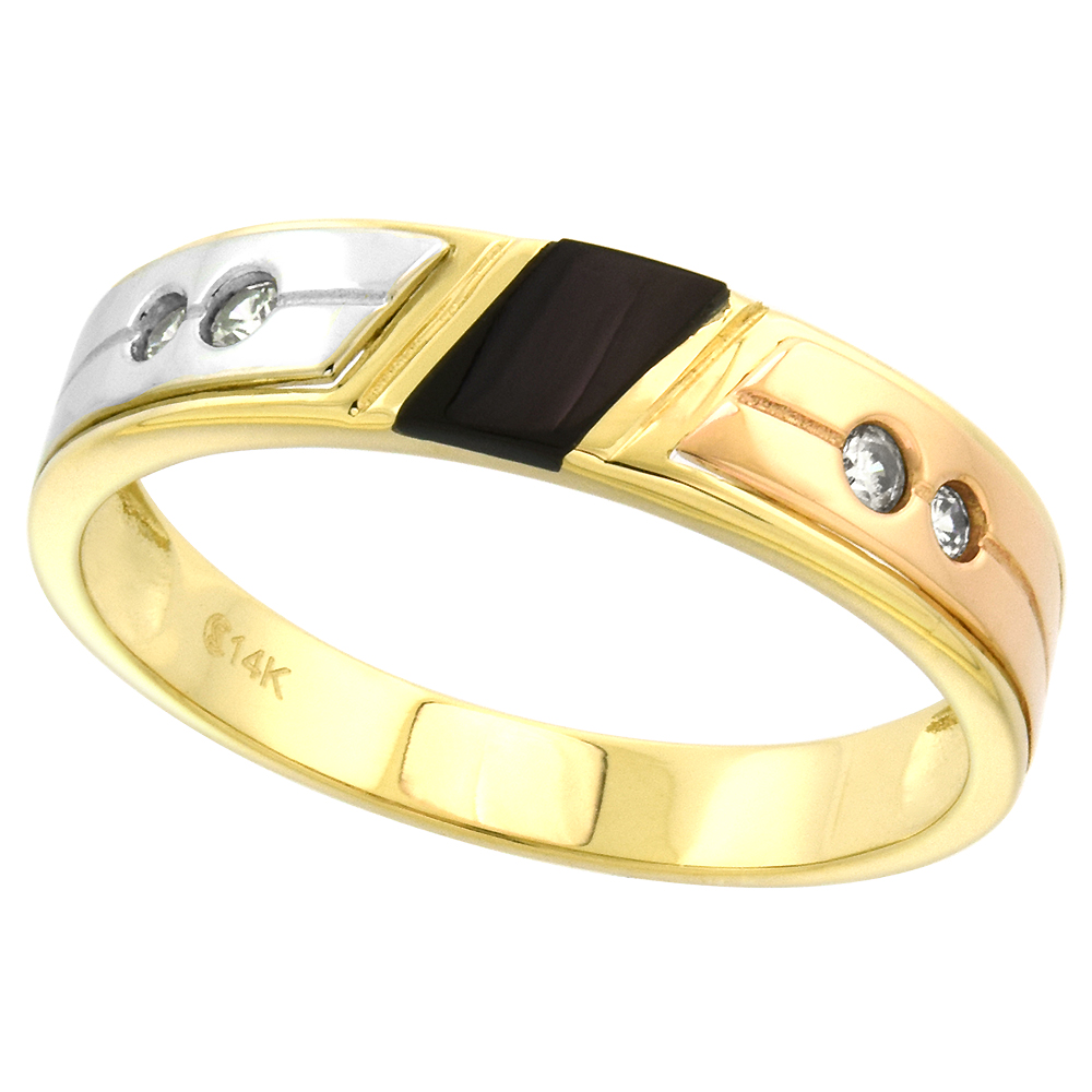 14k Tricolor Gold Cubic Zirconia Wedding Band for Men Black Stripe 5mm wide, size 8-14