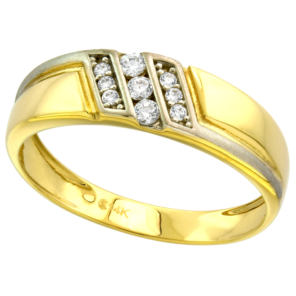 14k Yellow Gold Cubic Zirconia Wedding Band for Men 3 Row Channel Set 6mm wide, size 8-14