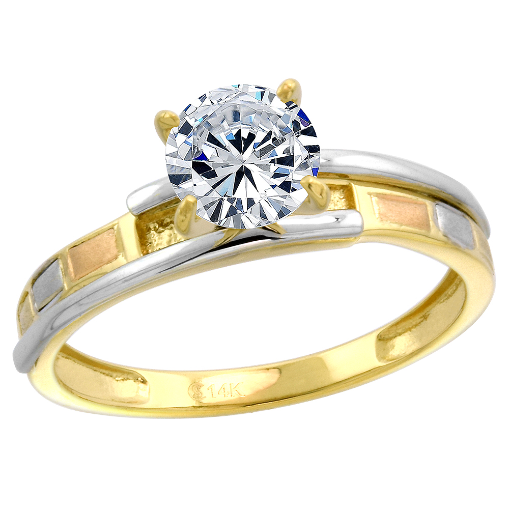 14k Tricolor Gold Cubic Zirconia Ladies Solitaire Engagement Ring Round 7mm Brilliant cut, size 5-10
