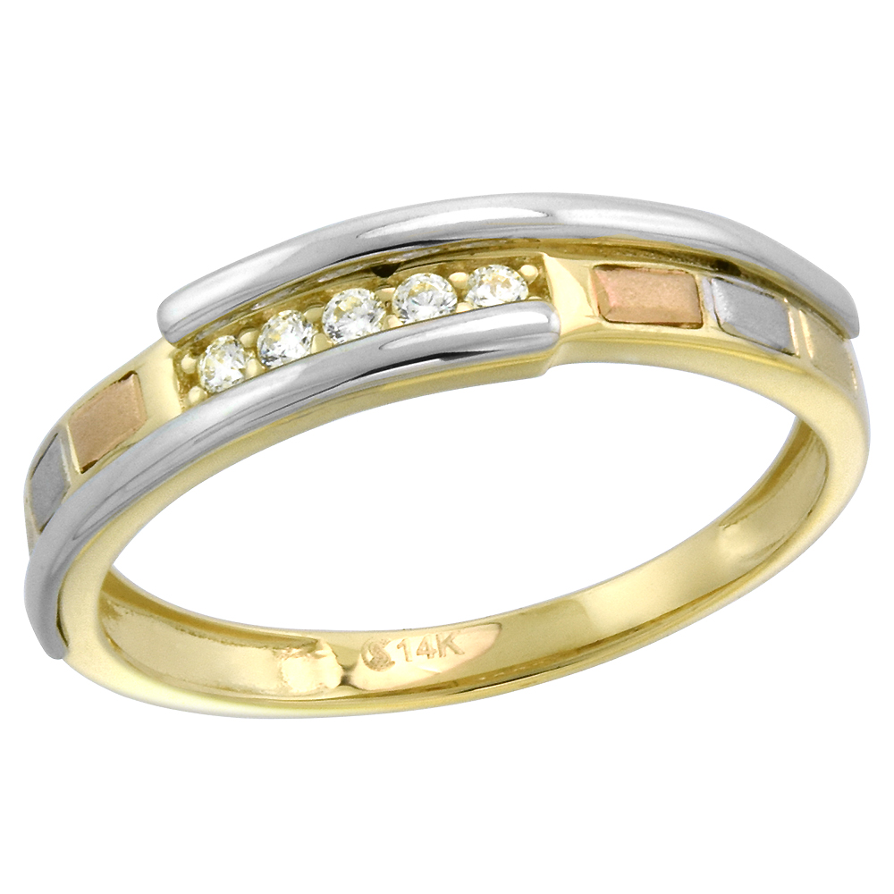 14k Tricolor Gold 5-Stone Cubic Zirconia Wedding Band for Women Channel Set 3mm wide, size 5-10