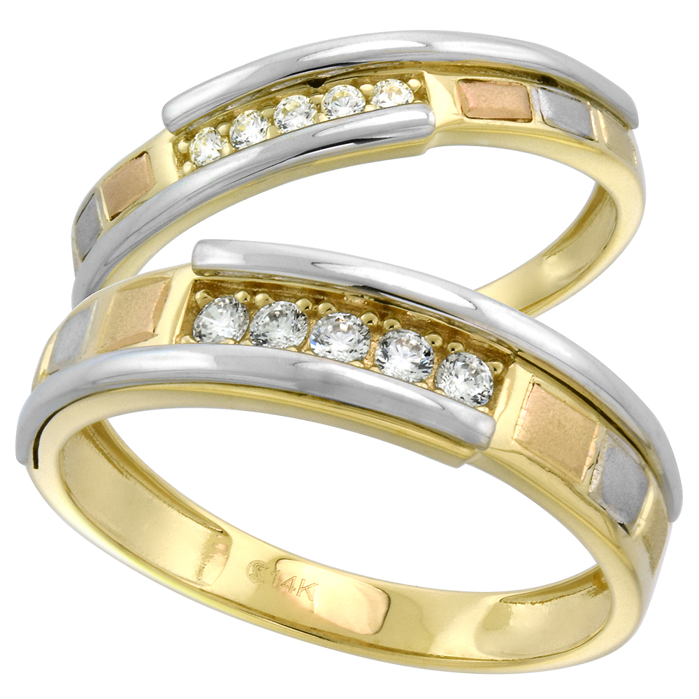 14k Tricolor Gold 5-Stone Cubic Zirconia Wedding Band for Men Channel Set 5mm wide, size 8-14