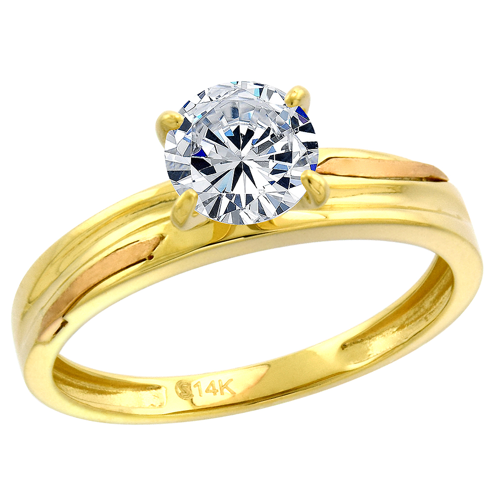 14k Tricolor Gold Cubic Zirconia Ladies Solitaire Engagement Ring Round 7mm Brilliant cut size 5-10