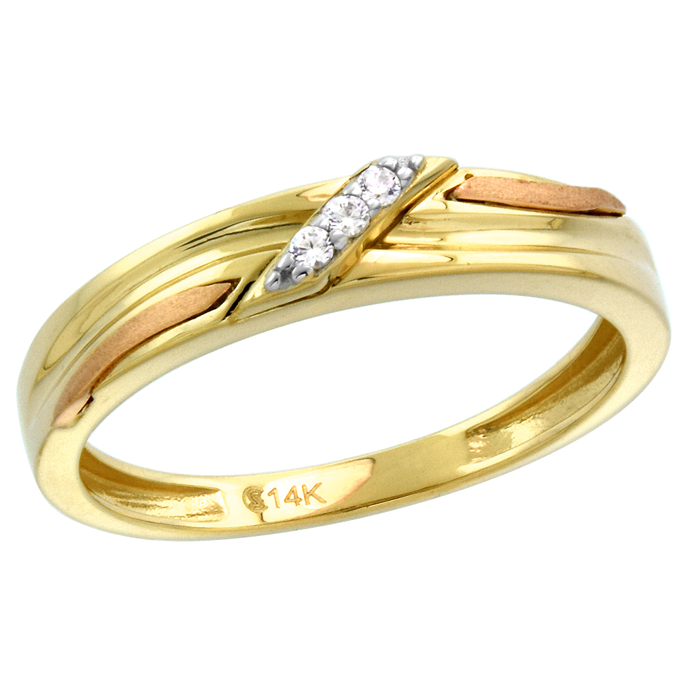 14k Tricolor Gold Cubic Zirconia Wedding Band for Women Diagonal Stripe 3mm wide, size 5-10