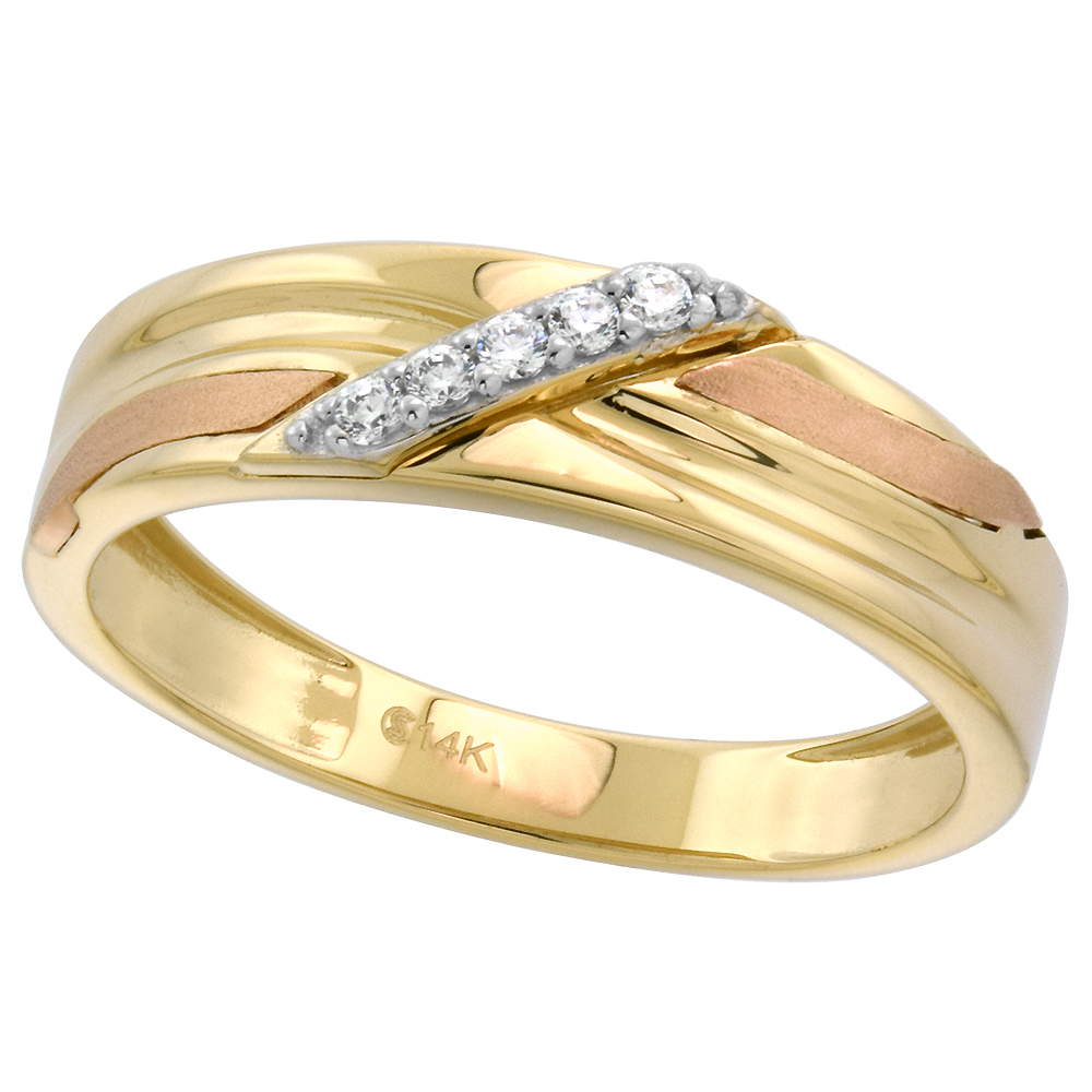 14k Tricolor Gold Cubic Zirconia Wedding Band for Men Diagonal Stripe 5mm wide, size 8-14