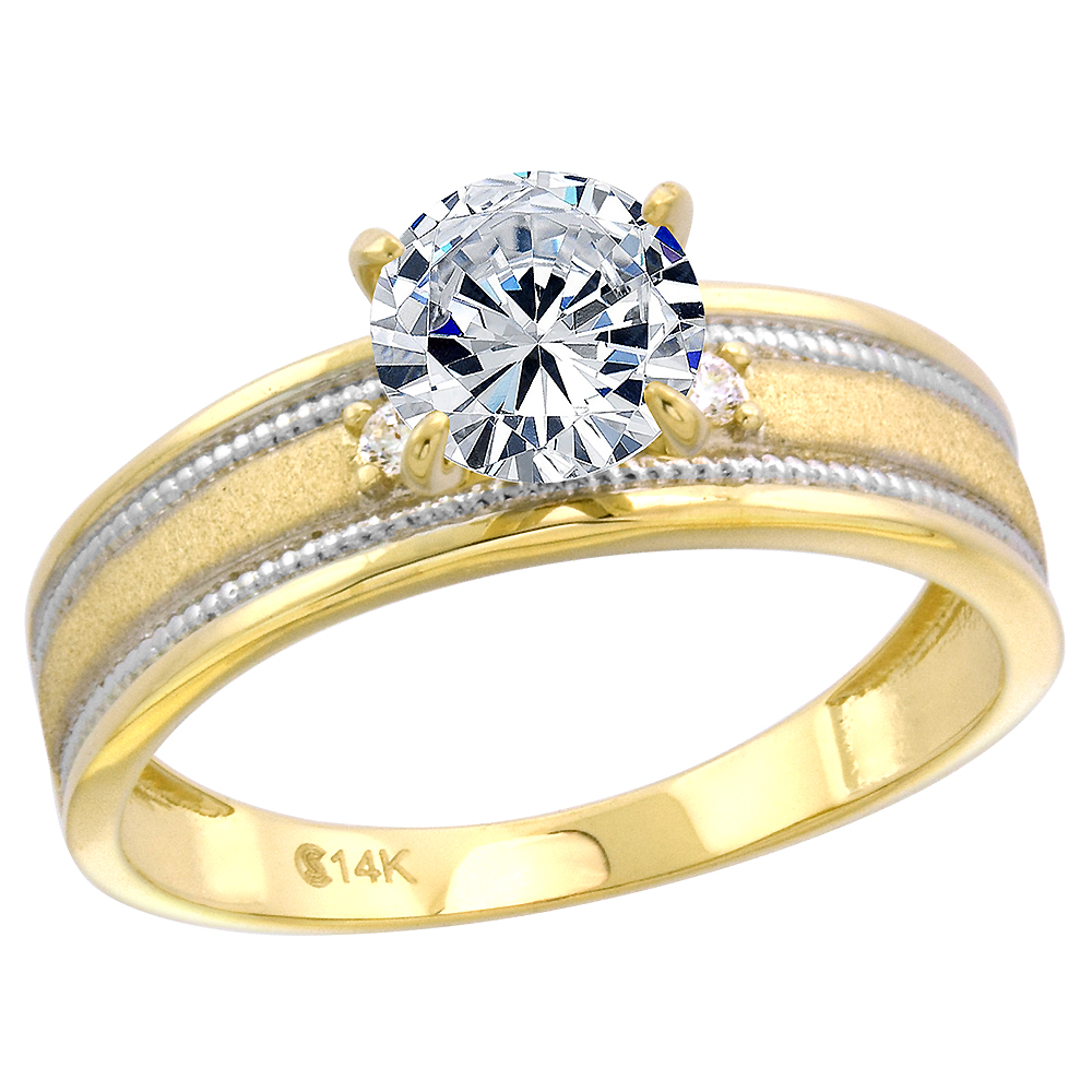 14k Yellow Gold CZ Ladies Solitaire Engagement Ring Round Brilliant cut 7mm Brushed Rope Edge size 5-10