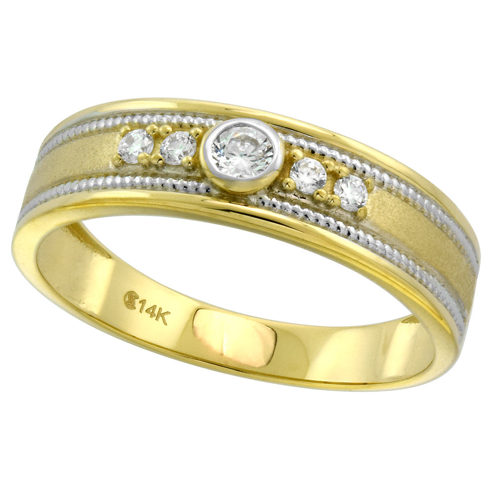 14k Yellow Gold Cubic Zirconia Bezel Wedding Band for Men Brushed Center Rope Edge 5mm, size 8-14