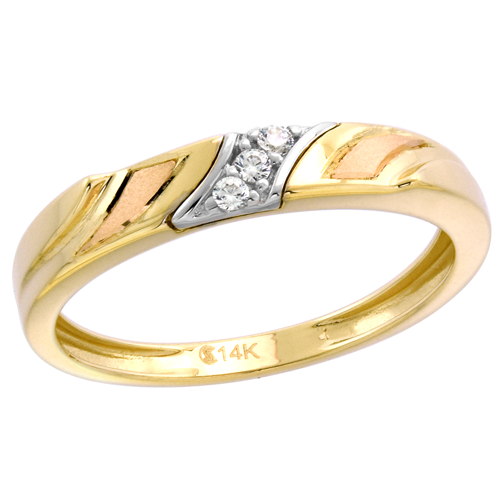 14k Yellow Gold 3-Stone Cubic Zirconia Wedding Band for Women 4mm wide, size 5-10