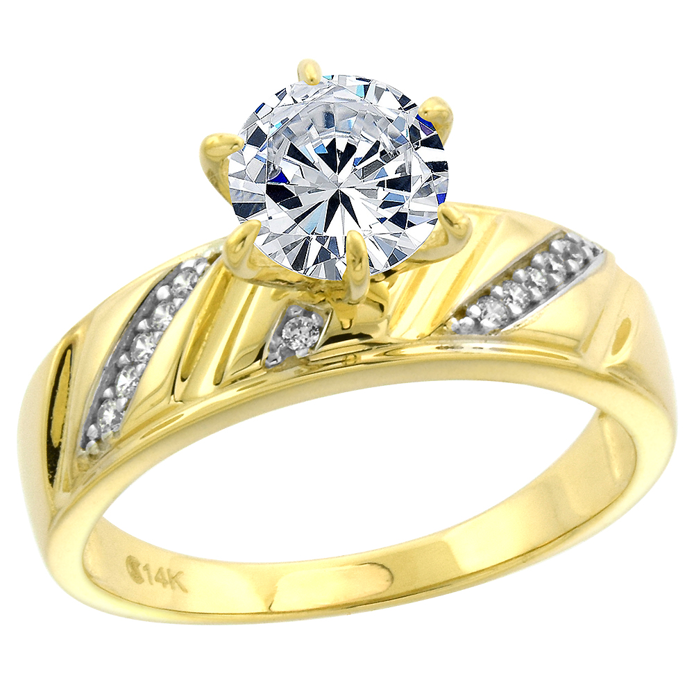 14k Yellow Gold CZ Ladies Solitaire Engagement Ring Round Brilliant cut 7mm Slanted Stripes, size 5-10