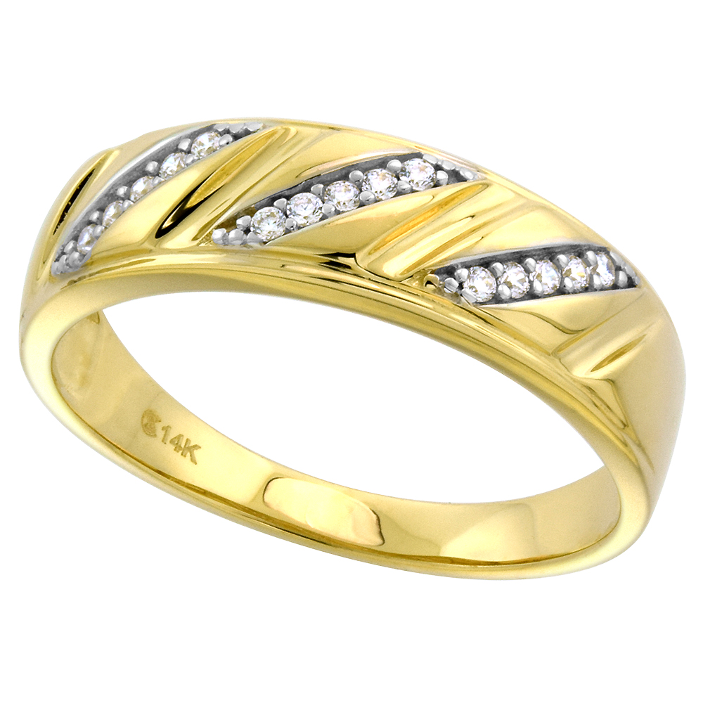 14k Yellow Gold Cubic Zirconia Wedding Band for Men 6mm Slanted Stripes, size 8-14