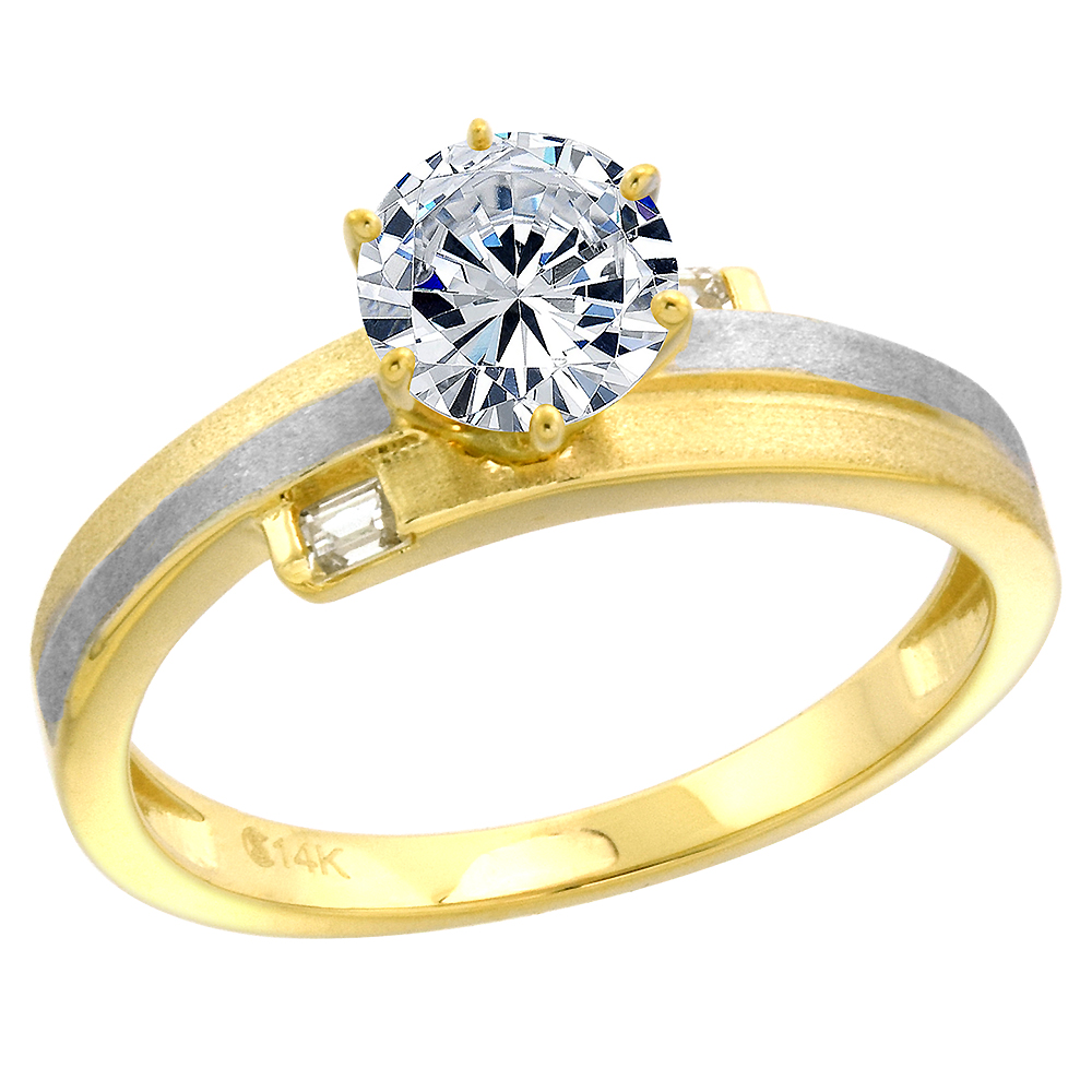 2-Tone 14k Gold CZ Ladies Solitaire Engagement Bypass Ring Round Brilliant cut 7mm Baguette, size 5-10