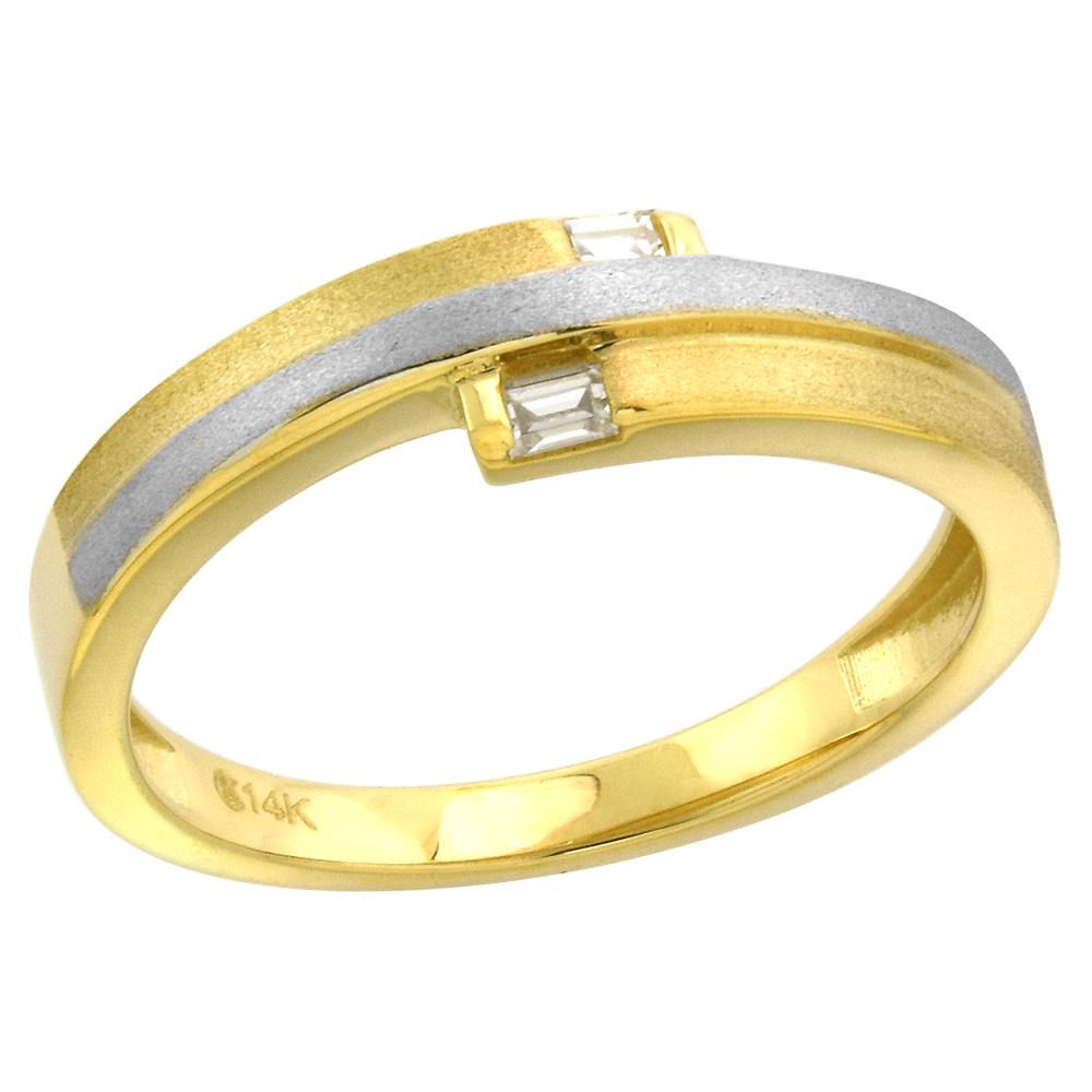 2-Tone 14k Gold Cubic Zirconia Bypass Wedding Band for Women 5mm Baguette Accent, size 5-10