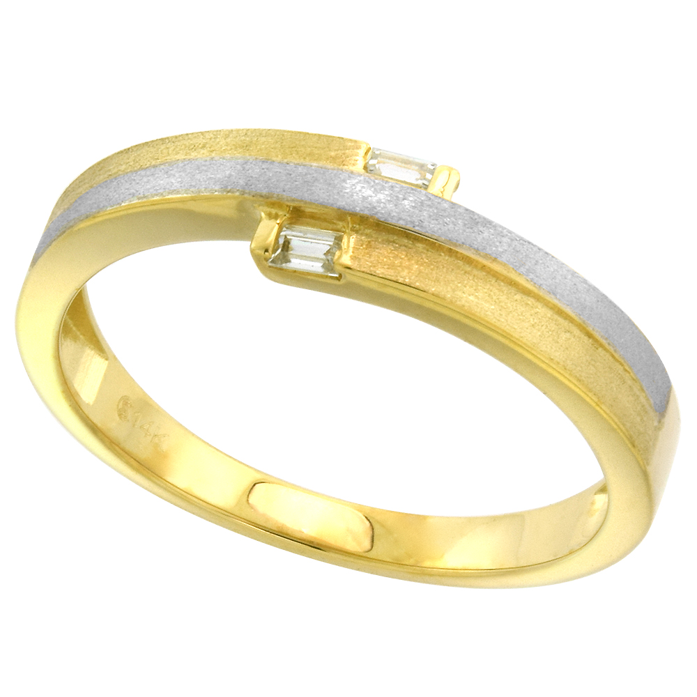 2-Tone 14k Gold Cubic Zirconia Bypass Wedding Band for Men 5mm Baguette Accent, size 8-14