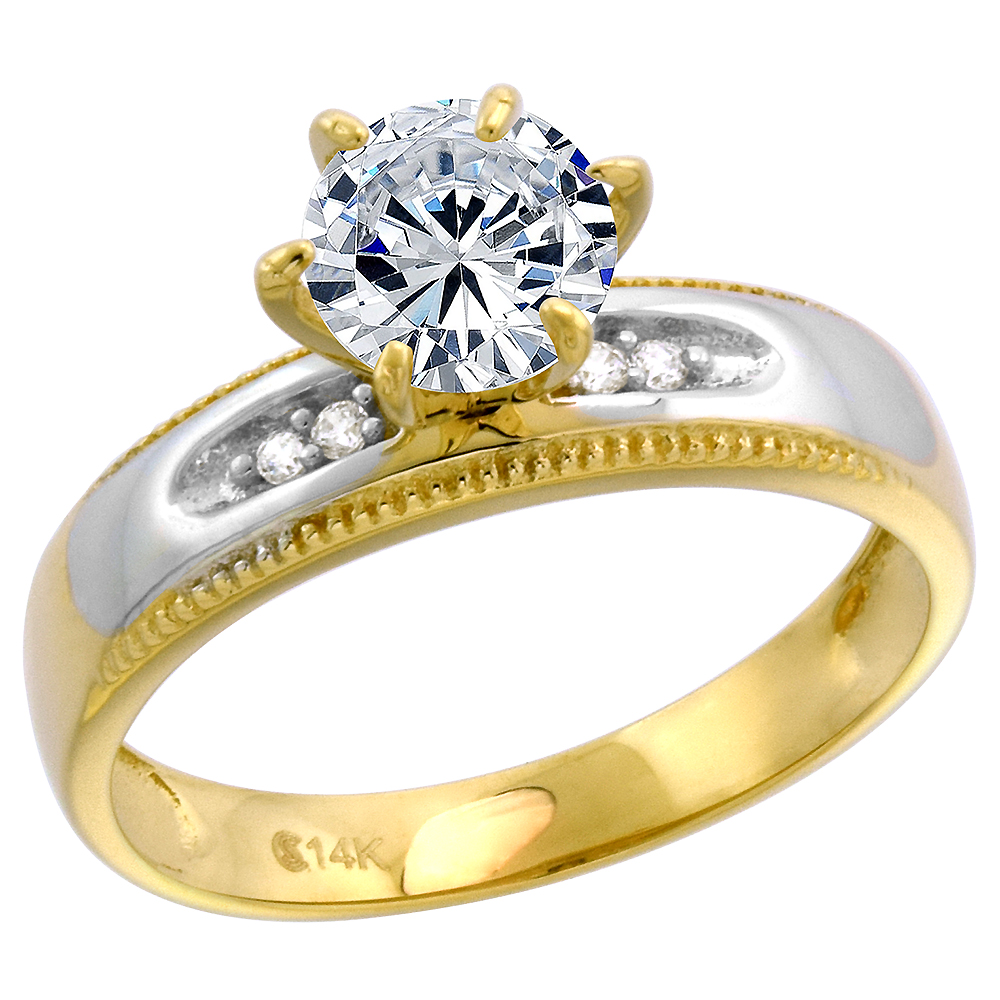 2-Tone 14k Gold Cubic Zirconia Ladies Solitaire Engagement Ring Round Brilliant cut 7mm Milgrain size5-10
