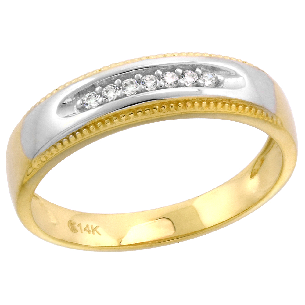 2-Tone 14k Gold Cubic Zirconia Wedding Band for Women 5mm Milgrain Edged, size 5-10