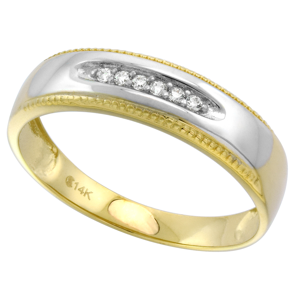 2-Tone 14k Gold Cubic Zirconia Wedding Band for Men 5mm Milgrain Edged, size 8-14
