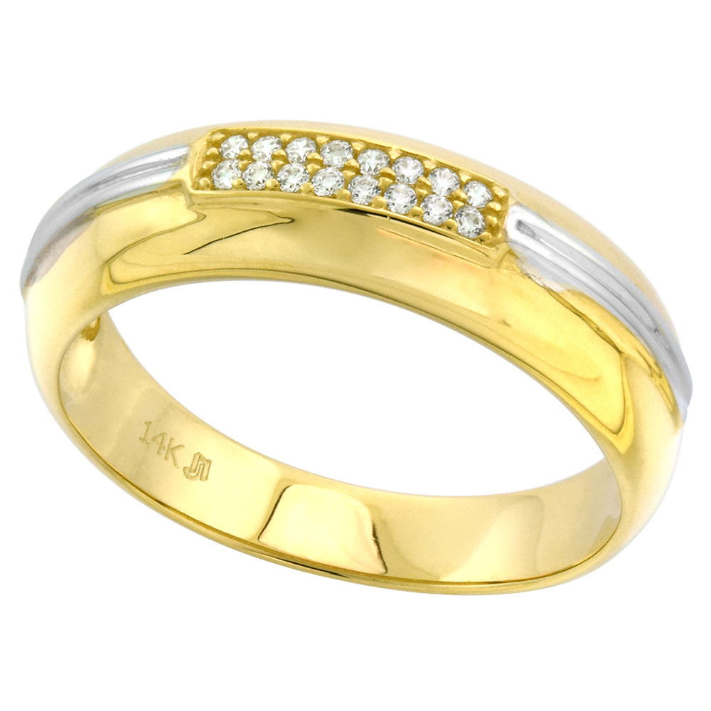 2-Tone 14k Gold 2-row Bar Cubic Zirconia Wedding Band for Men 6mm, size 8-14