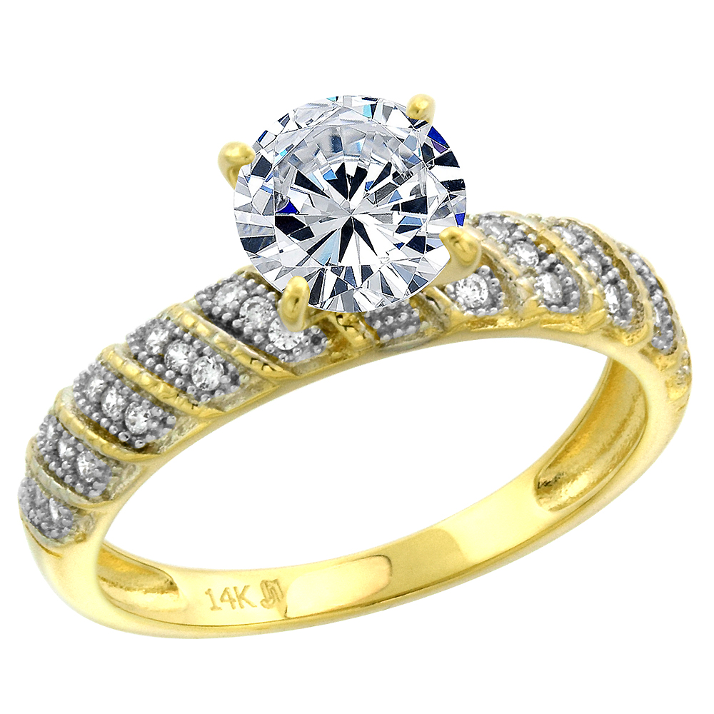 14k Yellow Gold CZ Ladies Solitaire Engagement Ring Multi Stripes Pave Round Brilliant cut 7mm size 5-10