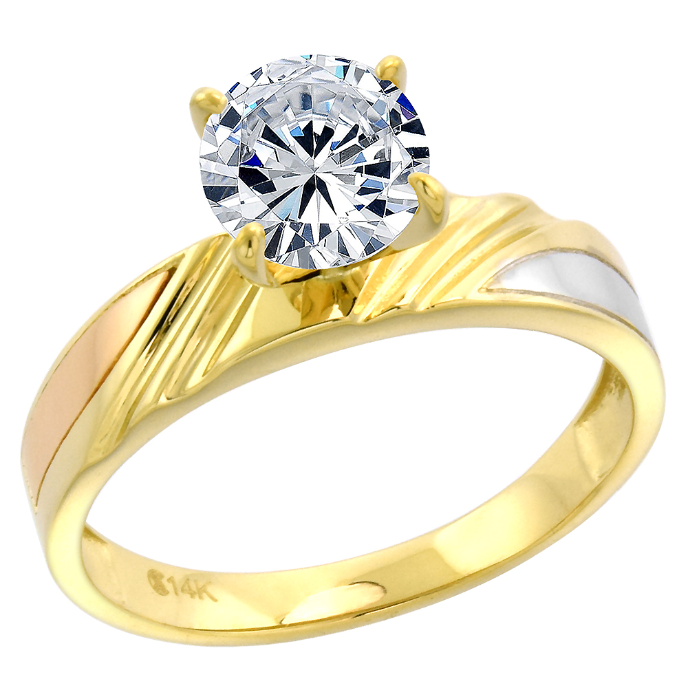 Tricolor 14k Gold Cubic Zirconia Ladies Solitaire Engagement Ring Round Brilliant cut 7mm size 5-10