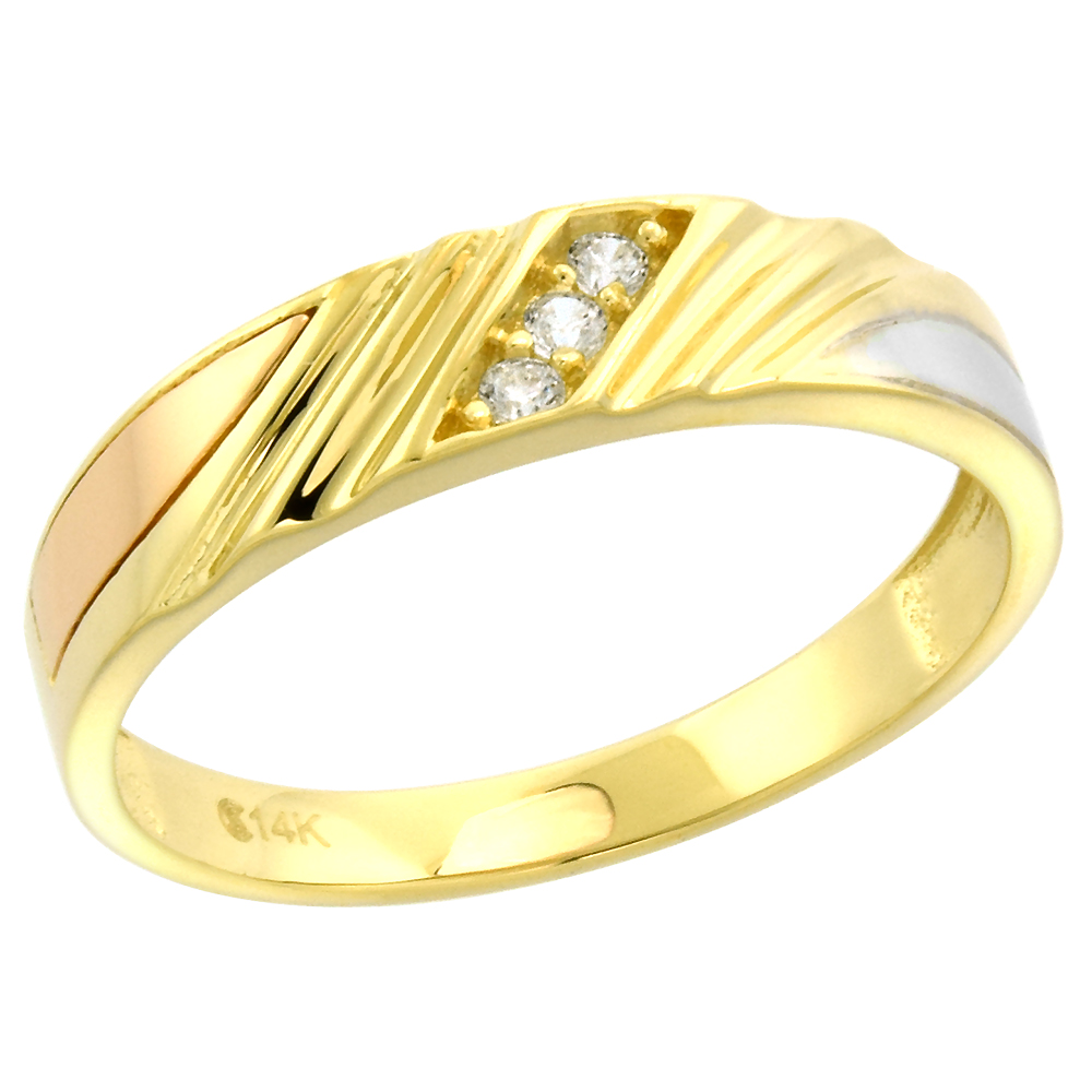 Tricolor 14k Gold Cubic Zirconia Wedding Band for Women 5mm 3-Stone, size 5-10