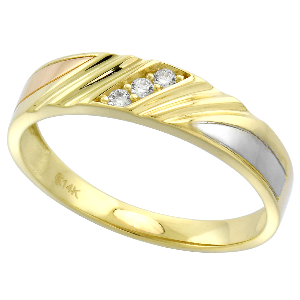 Tricolor 14k Gold Cubic Zirconia Wedding Band for Men 5mm 3-Stone, size 8-14
